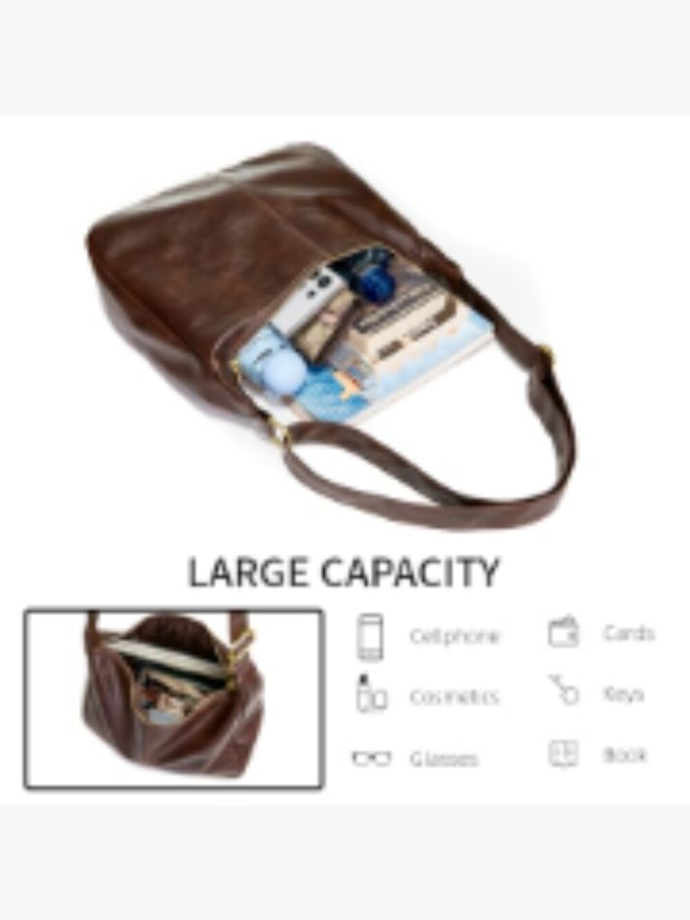 Ultra Soft Foldable Vegan Leather Hobo Bag Slouchy Shoulder Tote - Picture 6 of 7